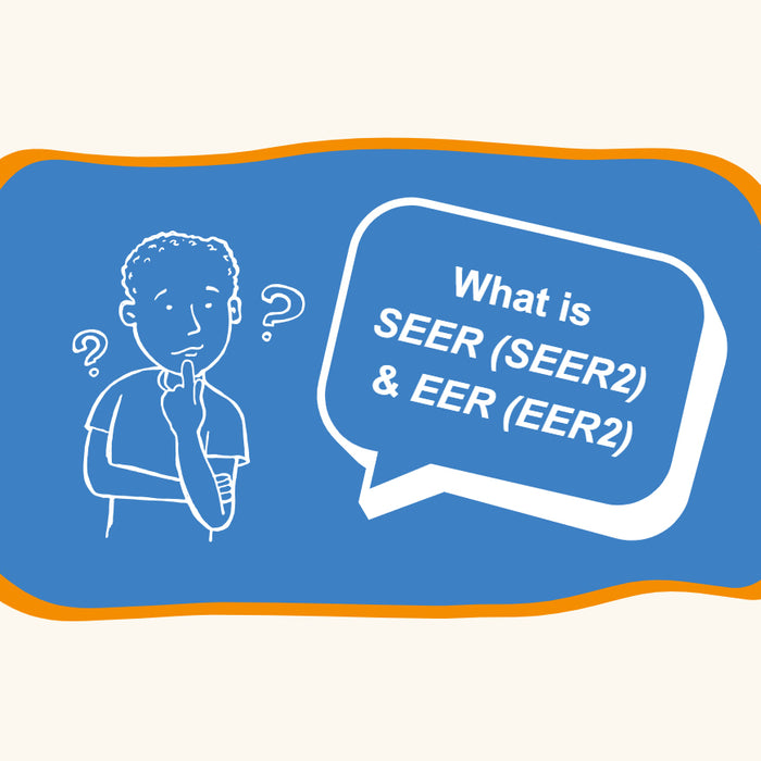 An illustration of a person with a questioning expression thinks "What is SEER (SEER2) & EER (EER2)?".