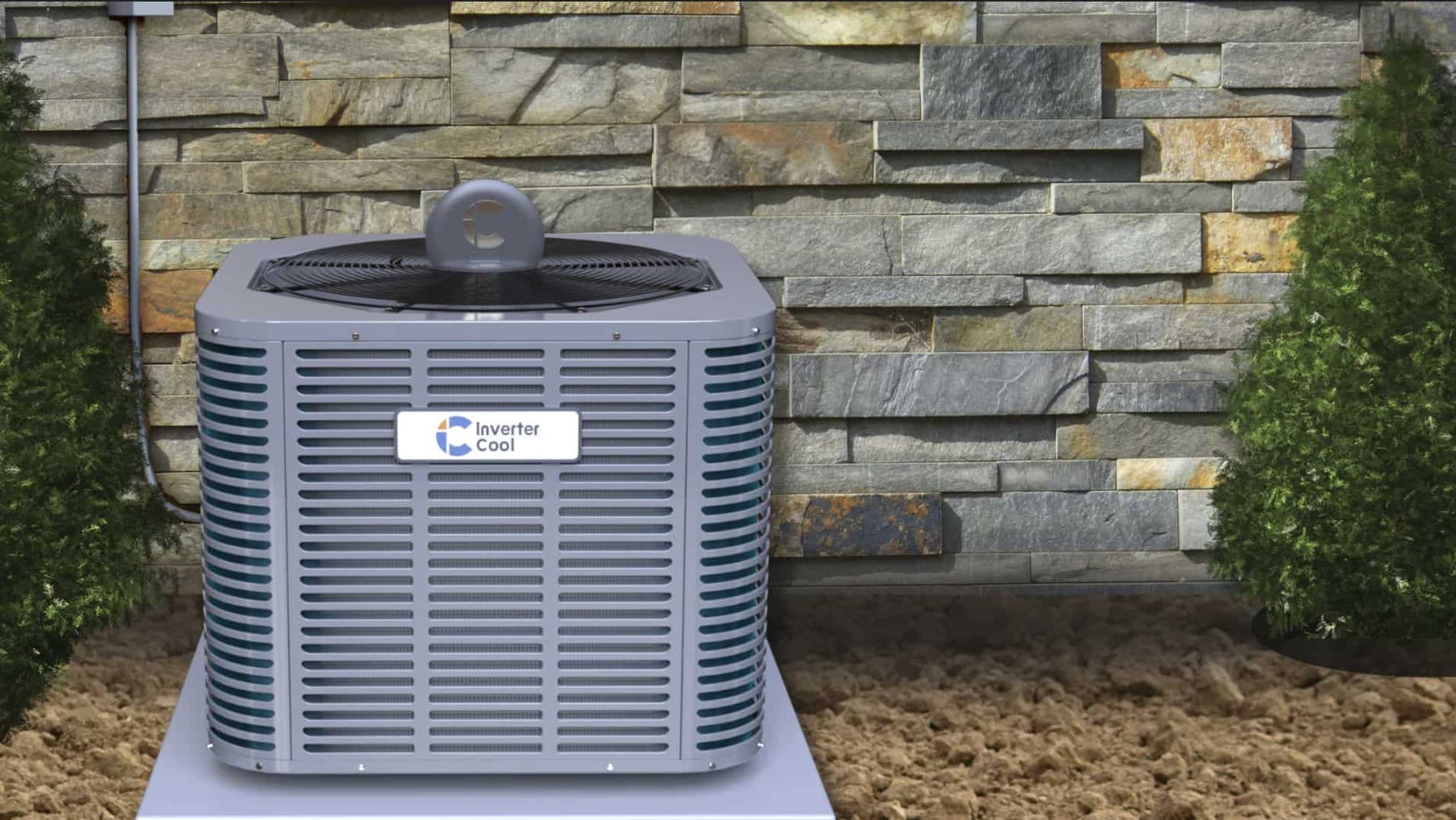 An InverterCool A/C heat pump is next to a residential home